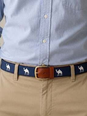 Vineyard Vines Navy Camel Canvas Leather Belt Size 32 Made in USA